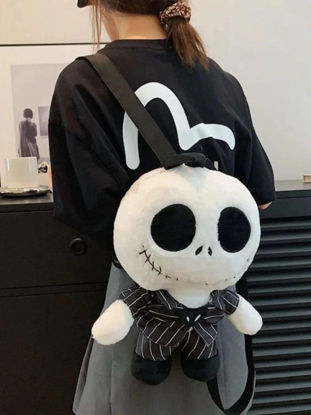 Jack Plush Skull Character Crossbody Backpack in Black and White